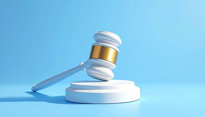 A white gavel and sound block on a light blue background, representing justice and legal proceedings in a minimalist style.