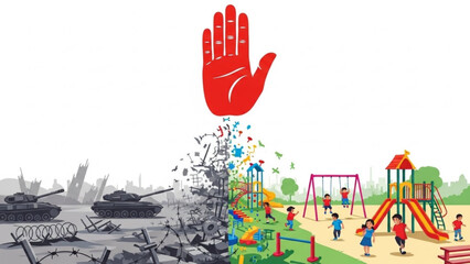 Stop war protect childrens playground concept of peace and childhood illustration of contrast between conflict and safety