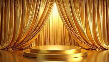 Elegant golden stage with drapes and spotlight, perfect for events and ceremonies.