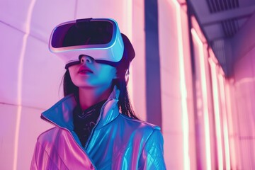 Software developer wearing virtual reality headset exploring metaverse in futuristic neon environment