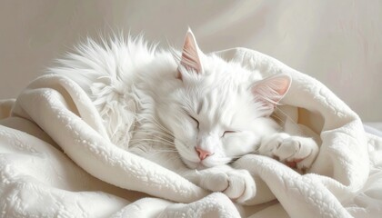 A fluffy white cat peacefully sleeps wrapped in a soft blanket, creating a cozy and serene atmosphere.