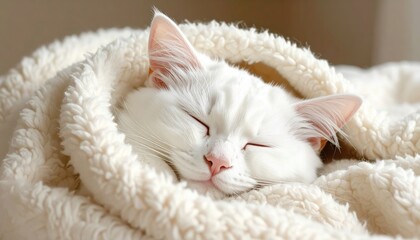 Adorable white cat snuggled in a fluffy blanket, capturing the essence of comfort and tranquility.