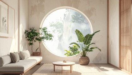 Bright minimalist living room featuring a large circular window, indoor plants, and natural light.