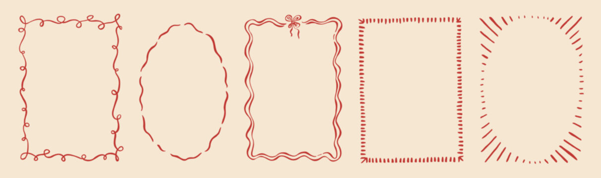 Whimsical hand-drawn ribbon frames with a bow. Red vector vintage sketch. Party invitation borders with decorative bows, pink doodle circles and ovals, cute retro clipart shapes for baby shower cards