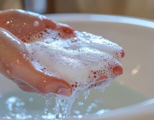 Fototapeta premium Soapy hands with running water and foam in the sink