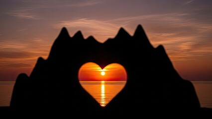 Heart Shaped Sunset Silhouette Landscape.