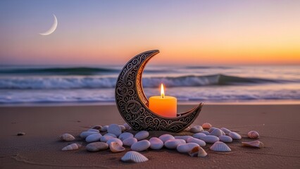 Crescent moon candle holder on a beach at sunset with seashells candleholder night peaceful