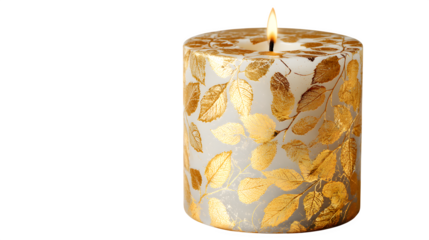 A burning yellow wax candle with a flickering flame and wick sits inside a glass holder isolated on white for a warm Christmas holiday decoration and celebration