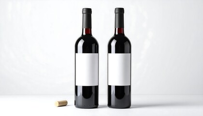 Two identical bottles of red liquid, each with a blank white label. One cork lies at their side