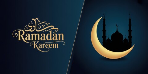 Ramadan Kareem greeting card with mosque silhouette and crescent moon islam muslim religion faith