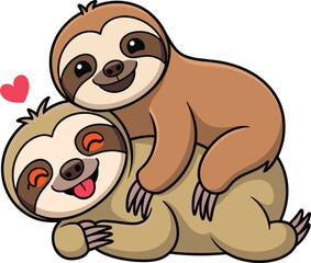 Obraz premium Cheerful cartoon baby sloth climbing on its mother's back with a small pink heart for family play wildlife and parenting concept vector