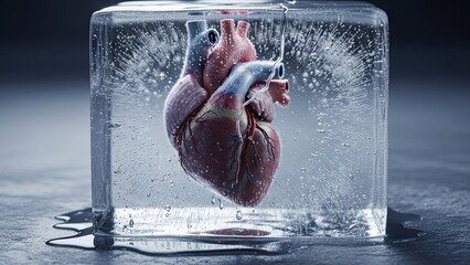Human Heart Frozen in Ice Block.
