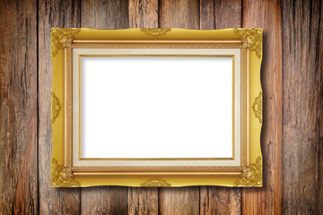Gold frame on old wood vintage wall texture. background