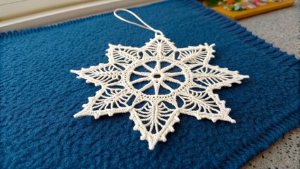 Unique snowflake ornament displayed on blue fabric surface in a cozy indoor setting