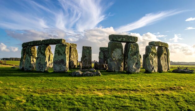 Stonehenge Ancient Monument in England with Blue Sky and Green Grass.