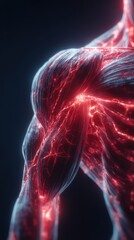 Anatomy in Focus: A stunning, artistic depiction of the human shoulder and arm, revealing the intricate network of veins and musculature, illuminated with a vibrant red glow.