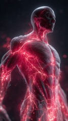 Human Anatomy Visualization: A meticulously detailed depiction of the human body, showcasing the intricate network of veins and arteries bathed in a radiant red hue.