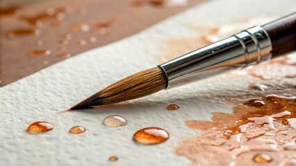 Details of a wet paintbrush resting on watercolor paper with droplets of paint around it