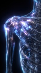 Illuminated Human Anatomy: A captivating and detailed visualization of the human shoulder anatomy, showcasing the intricate network of bones, nerves, and muscles highlighted with vibrant.