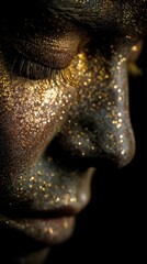 Radiant Glimmer: Close-up of a person's face adorned with gold glitter, showcasing the ethereal beauty and artistic expression of body art. The glitter catches the light.