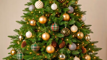 Decorated Christmas tree with ornaments and lights in a simple indoor setting