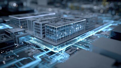 Futuristic city buildings on a circuit board, glowing blue data lines connecting structures