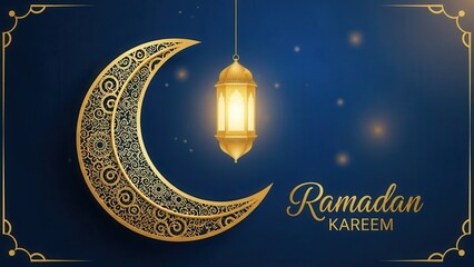 Ramadan Kareem greeting card with crescent moon and lantern islamic festive eid night stars