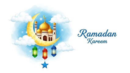 Ramadan Kareem Greeting with Mosque Lanterns and Crescent Moon clouds stars islamic holiday card