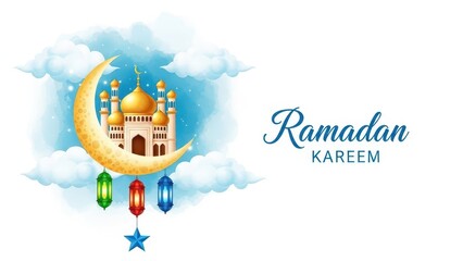 Ramadan Kareem Greeting Card with Mosque and Lanterns islam muslim eid festival holiday crescent