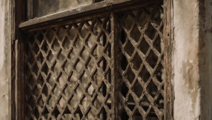 Old wooden window with diamond pattern grill in weathered wall.