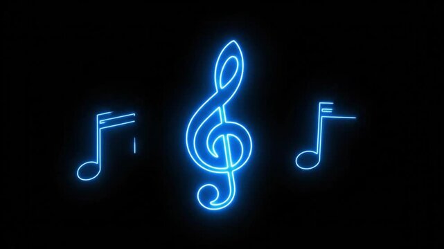 This captivating abstract animation showcases a vibrant blue treble clef symbol, elegantly illuminating and dissolving against a pure black background. The neon-style light traces the iconic musical n
