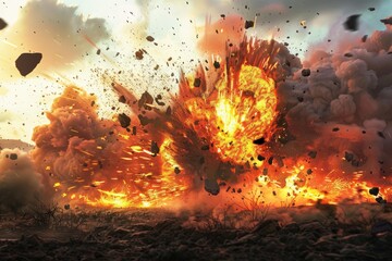 Dramatic explosion generating fireball, smoke, and debris in a desolate desert setting, depicting destruction and chaos