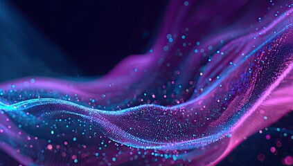 Abstract glowing waves of blue and purple particles flow on a dark background