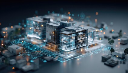 Futuristic city grid with glowing data lines connecting transparent buildings and structures