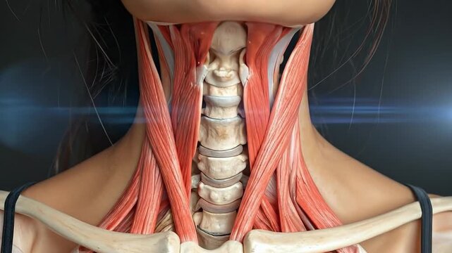 Detailed anatomical illustration of the human neck muscles and skeletal structure.
