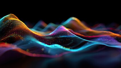 Abstract colorful data waves undulating with glowing particles on a dark background