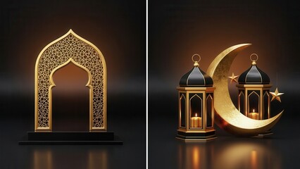 Elegant Islamic arch and lanterns with crescent moon for Ramadan eid lantern star gold