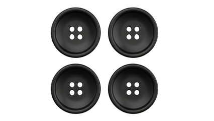 Four black buttons with four holes on transparent background