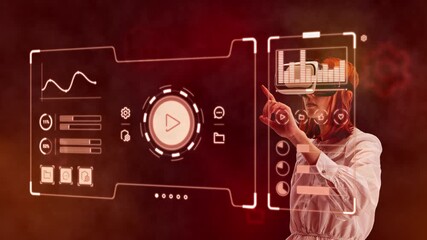 Promo video. Businesswoman interacting with virtual reality data interface. Concept of modern workplace technology, immersive collaboration, digital leadership and innovative business processes. - Powered by Adobe