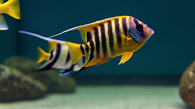 Closeup of a vibrant yellow and black striped angelfish swimming gracefully in an aquarium.