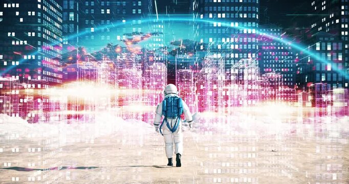 Astronaut exploring futuristic digital city on alien planet. New futuristic life on an alien planet concept.