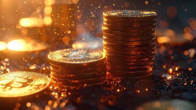 Bitcoin Cryptocurrency Coins Stacked with Bokeh Effect.