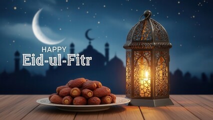 Eid ul Fitr Celebration with Lantern Dates and Crescent Moon ramadan islamic muslim holiday