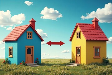 Obraz premium Twisting Reality: Whimsical, Colorful Houses Swapping Places with Pointed Arrows