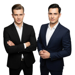 Two confident businessmen looking forward, ready for partnership opportunities and corporate success stories