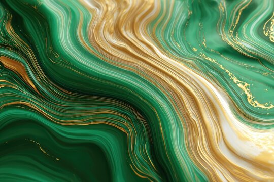 Abstract fluid art swirls in emerald green, radiant gold, and soft white tones