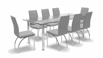 Obraz premium Minimalist Glass Dining Table Set with Chairs on White Background