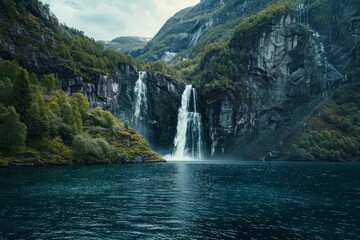 Fototapeta premium Majestic twin waterfalls dramatically plunge into a serene fjord, showcasing the raw beauty of norwegian nature