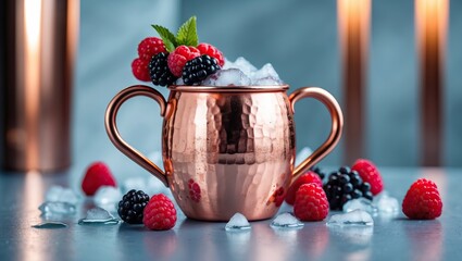 Copper mug with berry drink and ice &mdash; AI generated