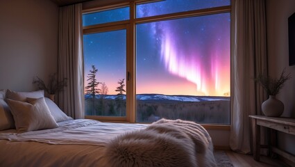 Cozy bedroom with view of Northern Lights &mdash; AI generated